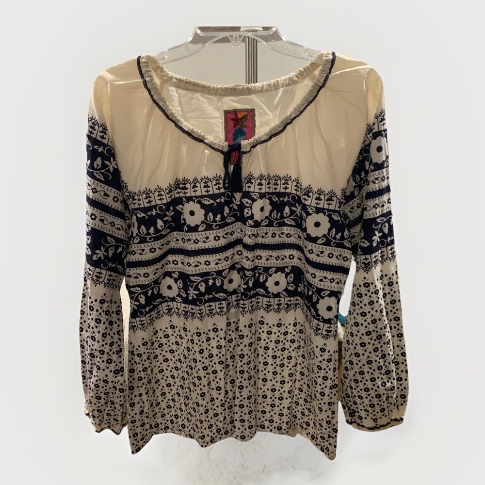 Johnny Was Top Ivory Navy/Black Floral Print‎ Boho Long Sleeve Cotton XS